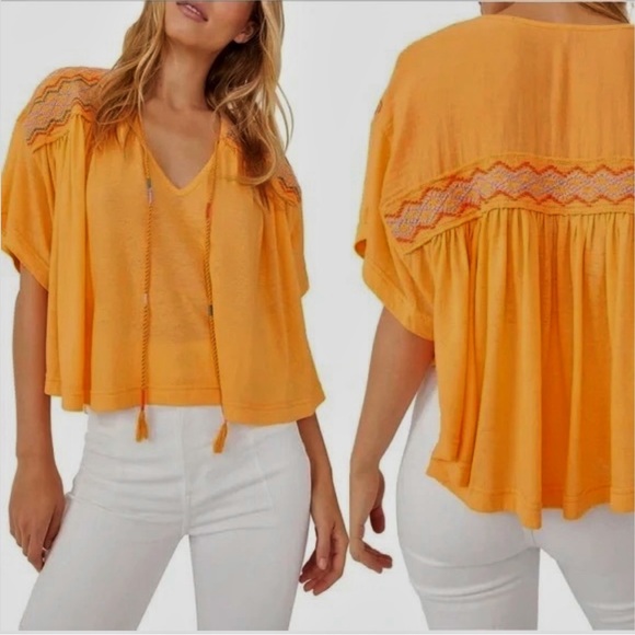 Free People Market Embroidered V-Neck Top in Carrot Ginger Orange Cotton Blend - Picture 4 of 16